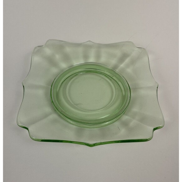 Set Of 3 Vintage Green Uranium Depression Glass 1 Square Plate & 2 Sherbet Cups - Picture 6 of 16